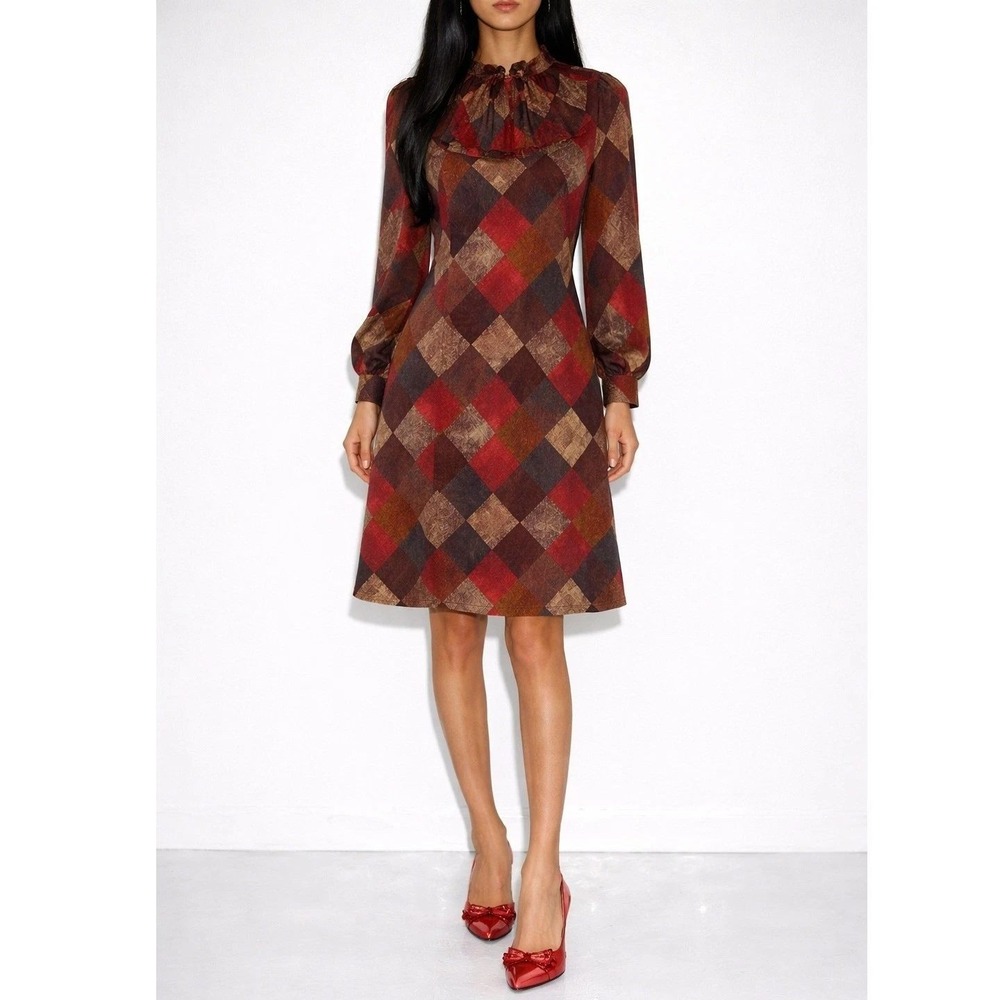 60s Vintage Tie Neck Shift Dress Diamond Pattern Womens XS S Mod Mini Red Brown